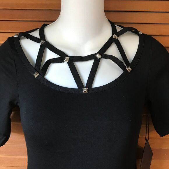 Vintage Lip Service Goth Punk Wicca Bodycon Studded Lattice Neck Mini Dress L - Picture 2 of 12